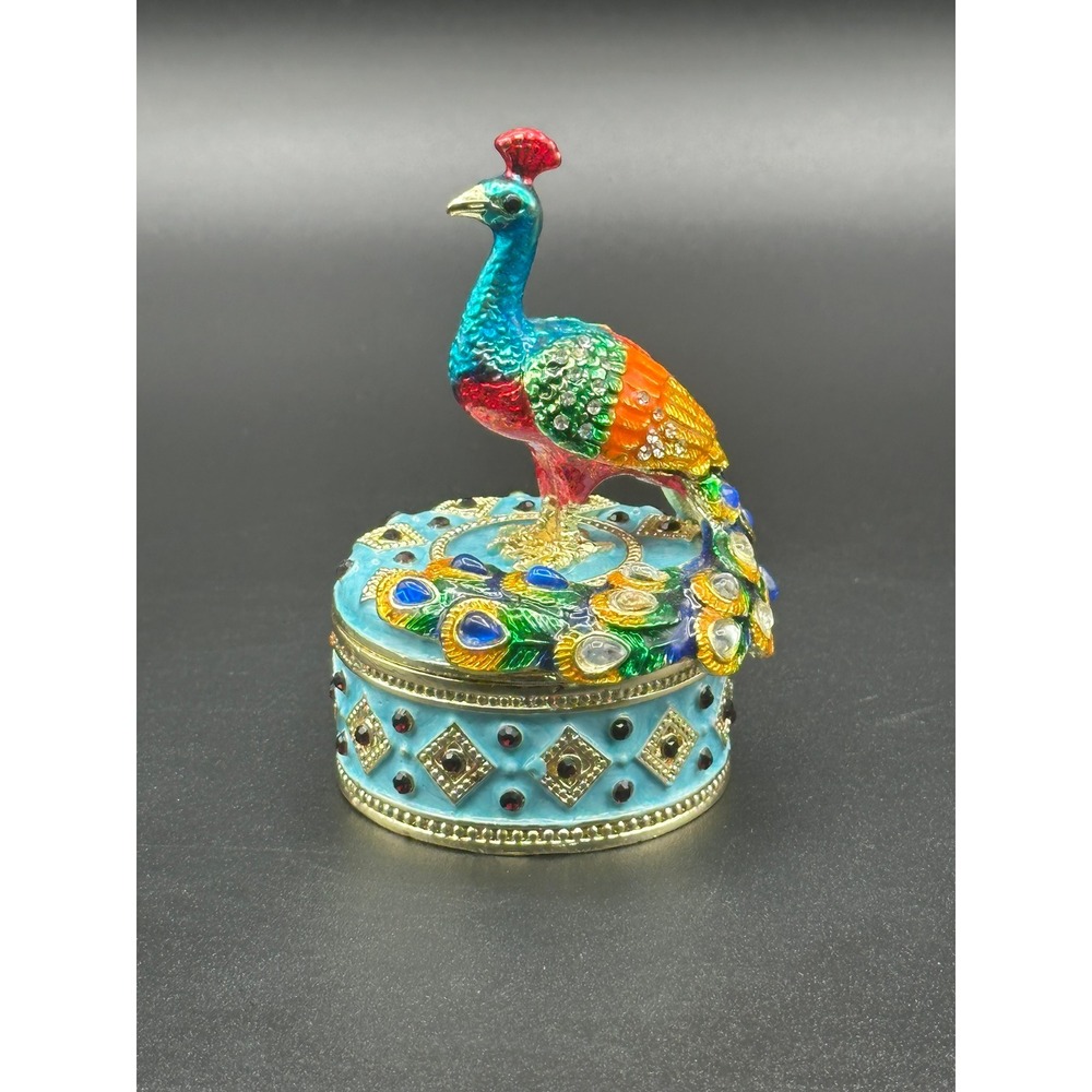 Vintage Peacock Trinket Box Enameled Cloisonne Bejeweled Crystal Hinged Case